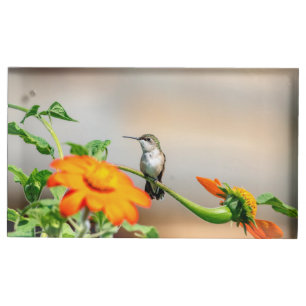 Hummingbird on a flowering plant table card holder