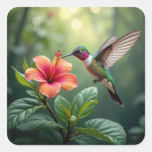 Hummingbird On a Hibiscus Square Sticker (Front)