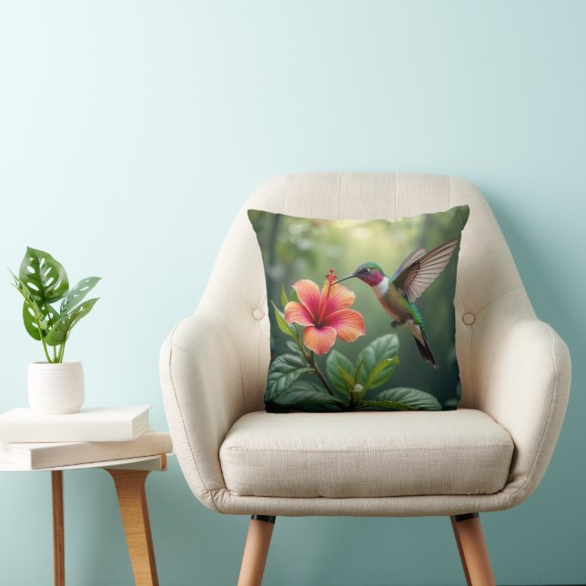 Hummingbird On a Hibiscus Throw Pillow (Chair)