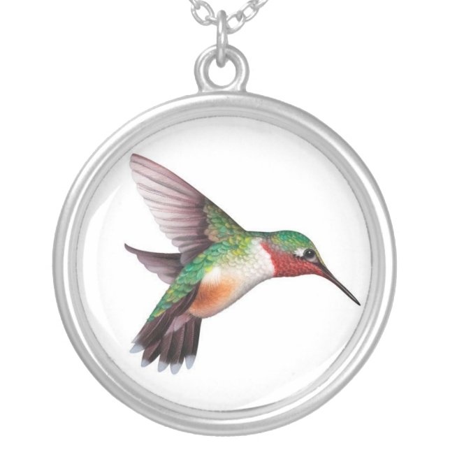 Hummingbird on a round Silver Locket Silver Plated Necklace (Front)