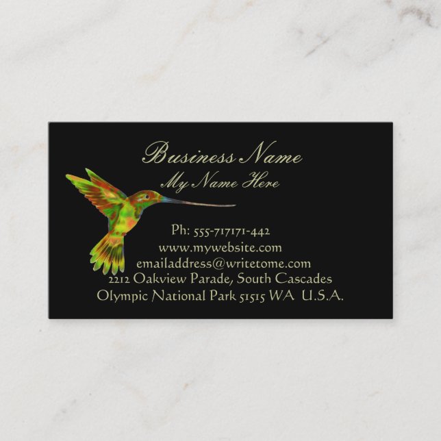 HUMMINGBIRD on Black Business Cards (Front)