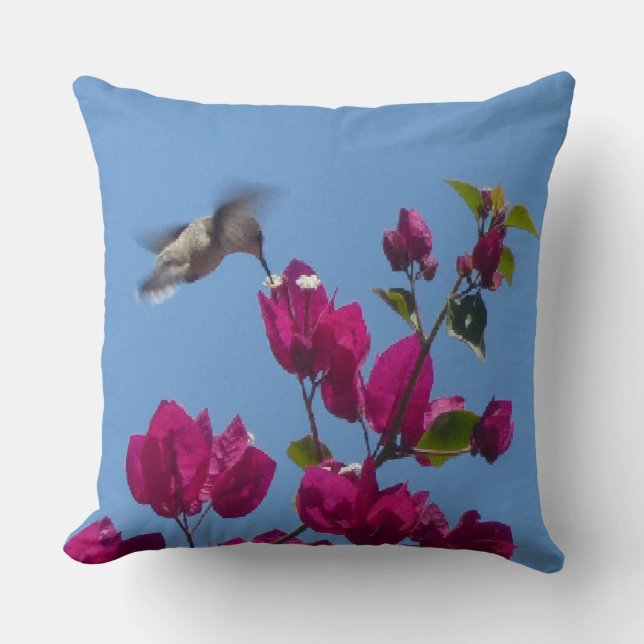 Hummingbird on Bougainvillea Throw Pillow (Front)