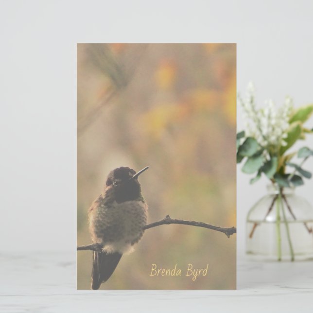 Hummingbird On Branch Warm Yellow Green Colors Stationery (Standing Front)