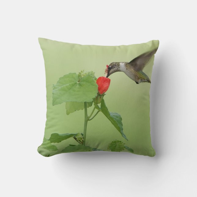 Hummingbird on Flower Blooms, Green Throw Pillow (Front)