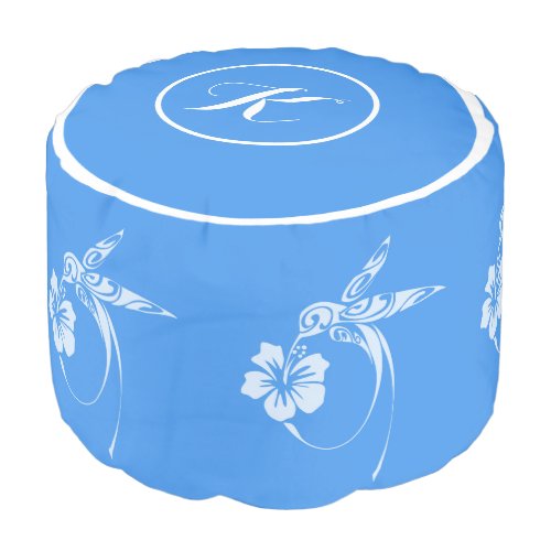 Hummingbird on Flower Blue  White Monogrammed Pouf