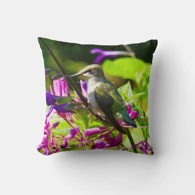 Hummingbird on Hummingbird Mint Colorful Nature Throw Pillow (Front)