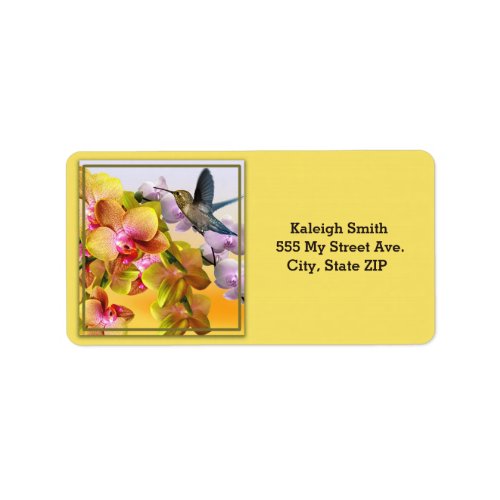 Hummingbird on Lilacs and Orchids on Yellow Label