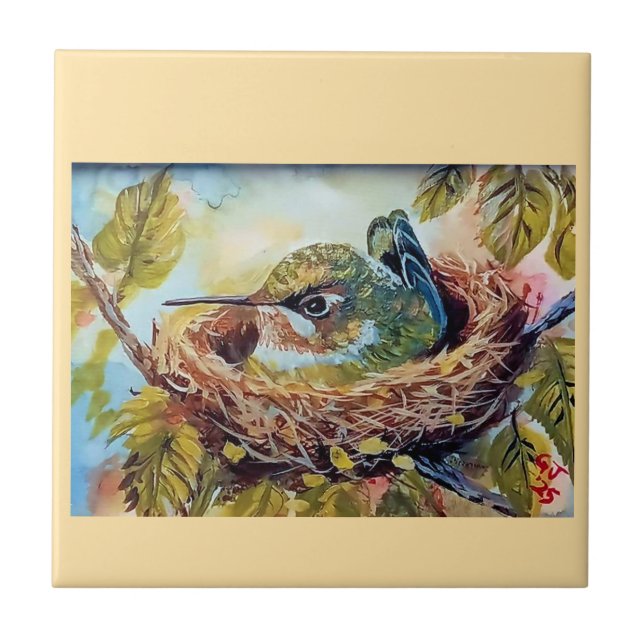 Hummingbird on Nest  Ceramic Tile (Front)