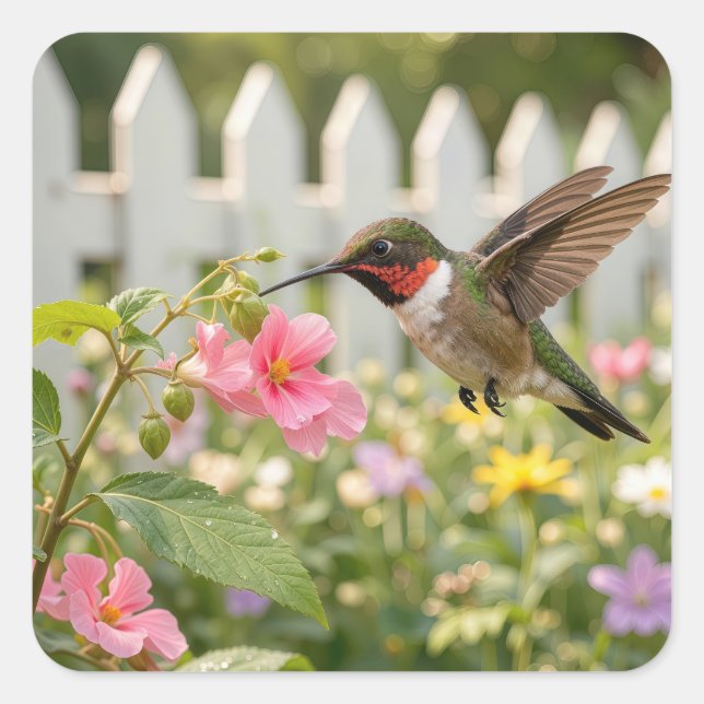 Hummingbird On Touch-Me-Not Flower Square Sticker (Front)