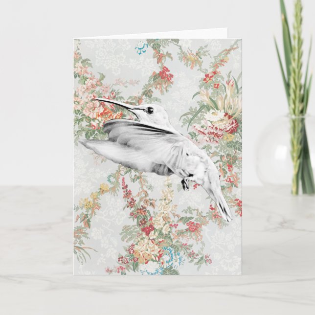 Hummingbird on Vintage Floral Art Note Card (Front)