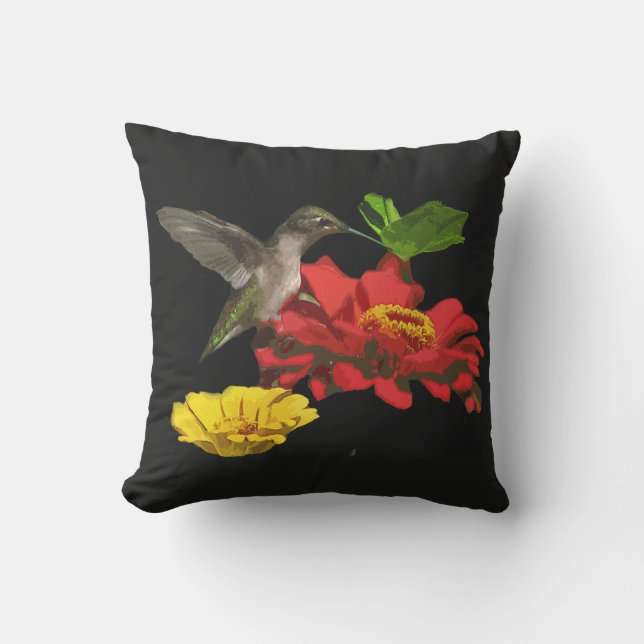 Hummingbird on Zinnia Flower Animal Outdoor Pillow (Front)