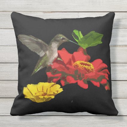 Hummingbird on Zinnia Flower Animal Outdoor Pillow