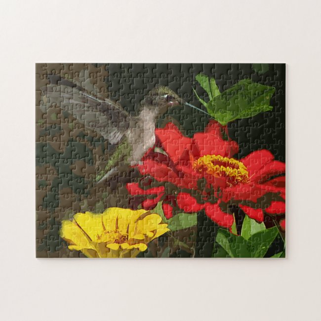 Hummingbird on Zinnia Flowers Jigsaw Puzzle