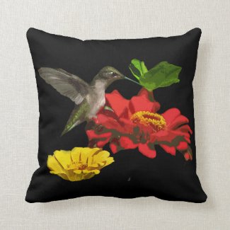Hummingbird on Zinnias Throw Pillow
