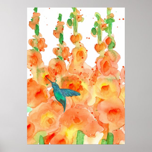Hummingbird Orange Hollyhocks Flowers Poster (Front)