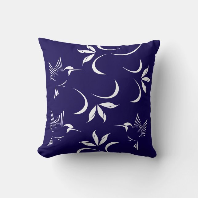 Hummingbird Pattern On Navy Blue Throw Pillow (Front)