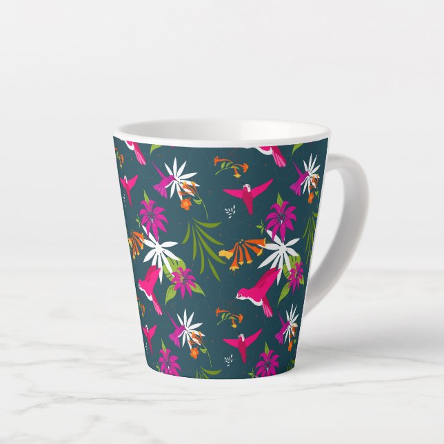 Hummingbird Pattern Pink Purple Teal Tropical Latte Mug (Right Angle)