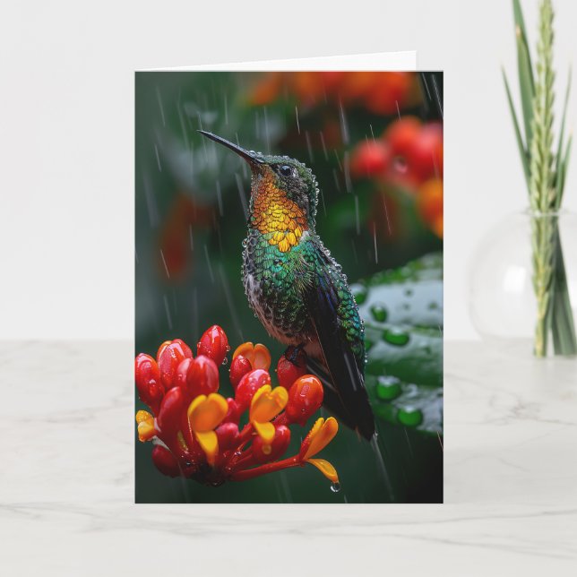 Hummingbird Perched on Bright Flower Card (Front)