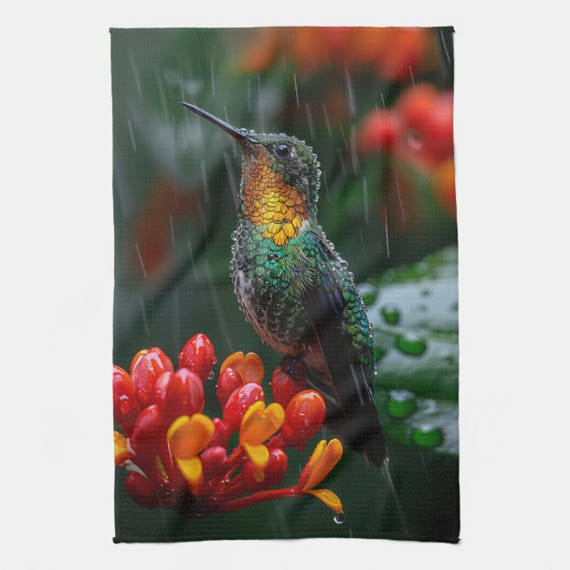 Hummingbird Perched on Bright Flower Kitchen Towel (Vertical)