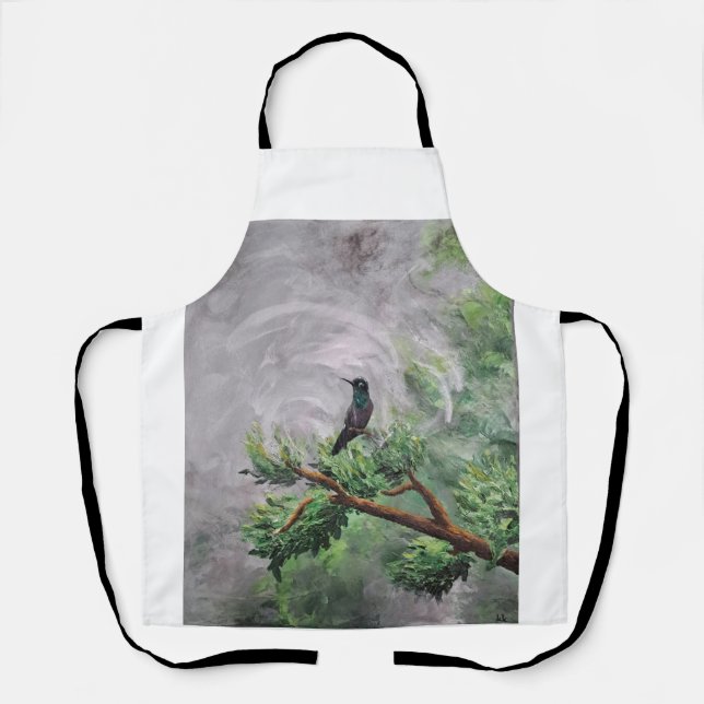Hummingbird Perched on Leafy Branch Apron (Front)