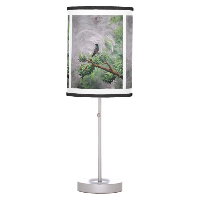 Hummingbird Perched on Leafy Branch Table Lamp (Front)