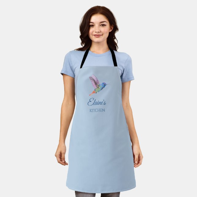 Hummingbird Personalized Light Blue Kitchen Apron (Worn)