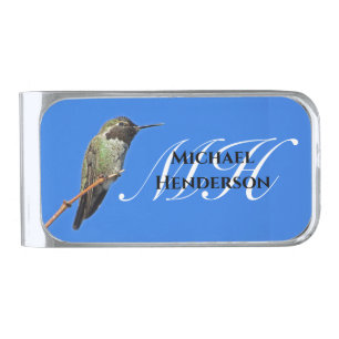 Hummingbird Photo Blue Sky Wild Bird with Monogram Silver Finish Money Clip