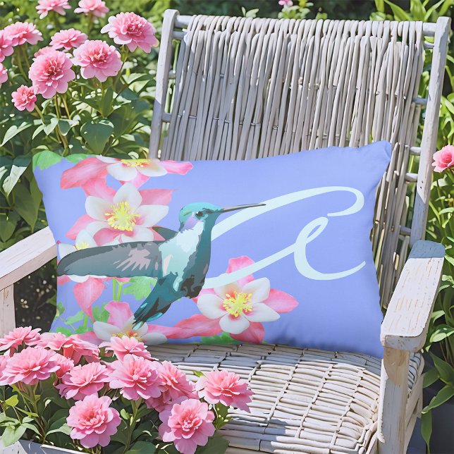 Hummingbird & Pink Columbine Flowers Monogram Blue Outdoor Pillow (Hummingbird floral outdoor pillow with monogram and cheerful pink Columbine flowers on periwinkle)