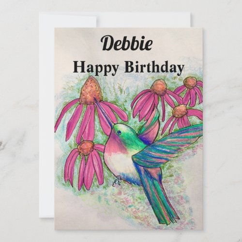 Hummingbird Pink Coneflowers Birthday Card