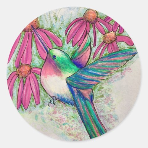 Hummingbird Pink Coneflowers Watercolor Classic Round Sticker