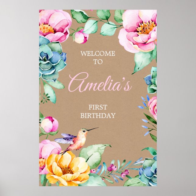 Hummingbird Pink Girls 1st Birthday Welcome Sign (Front)