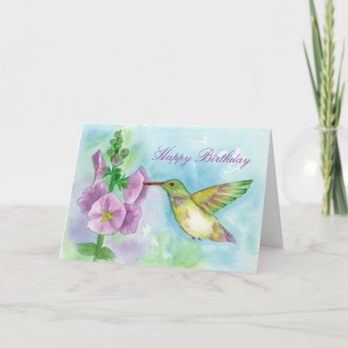 Hummingbird Pink Hollyhock Flowers Happy Birthday Card