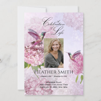 Hummingbird Pink Hydrangeas Celebration of Life  Invitation