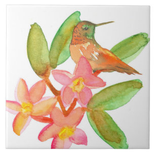 Hummingbird Plumeria Watercolor Flowers Ceramic Tile