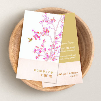 Hummingbird Pretty Pink Buds Branch Business Card by sm_business_cards at Zazzle