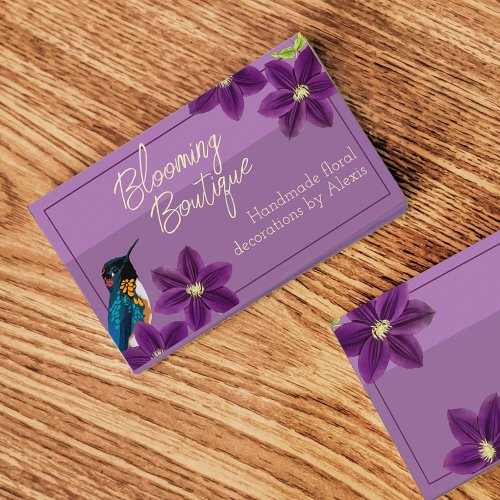 Hummingbird Pretty Purple Clematis Floral Boutique Business Card