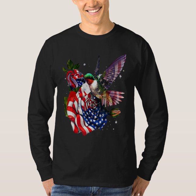Hummingbird Proud And Rose American Flag 4th Of Ju T-Shirt (Front)