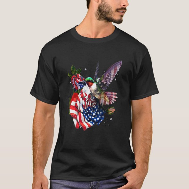 Hummingbird Proud And Rose American Flag 4th Of Ju T-Shirt (Front)