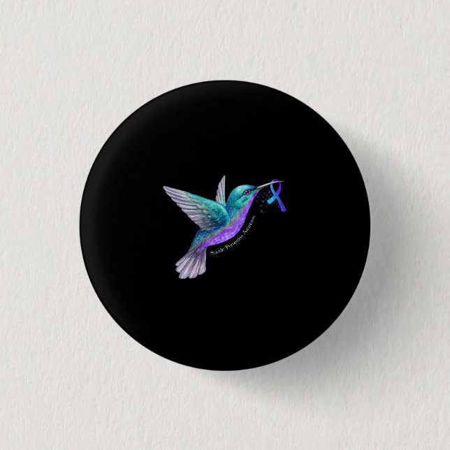 Hummingbird Purple Blue Ribbon Suicide Prevention Button (Front)