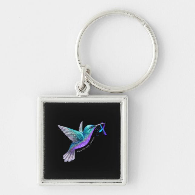 Hummingbird Purple Blue Ribbon Suicide Prevention Keychain (Front)