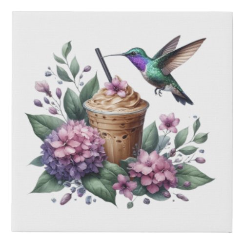 Hummingbird Purple Flowers Iced Coffee Faux Canvas Print