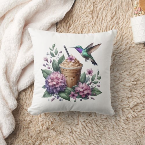 Hummingbird Purple Flowers Iced Coffee Throw Pillow