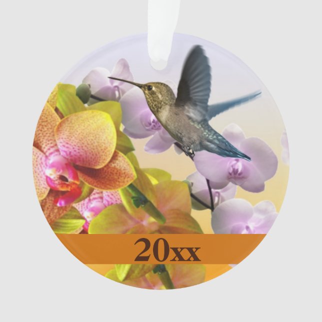 Hummingbird Purple Lilac Yellow Pink Orchid Ornament (Front)