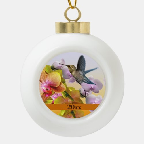 Hummingbird Purple Lilacs Yellow Pink Orchids Ceramic Ball Christmas Ornament