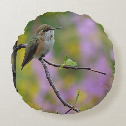 Hummingbird purple pink floral background round pillow