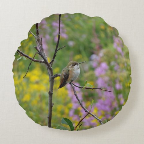 Hummingbird purple pink floral background round pillow