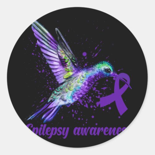 Hummingbird Purple Ribbon Epilepsy Awareness Month Classic Round Sticker