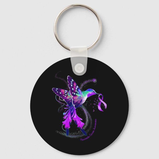 Hummingbird Purple Ribbon Pancreatic Cancer Awaren Keychain (Front)