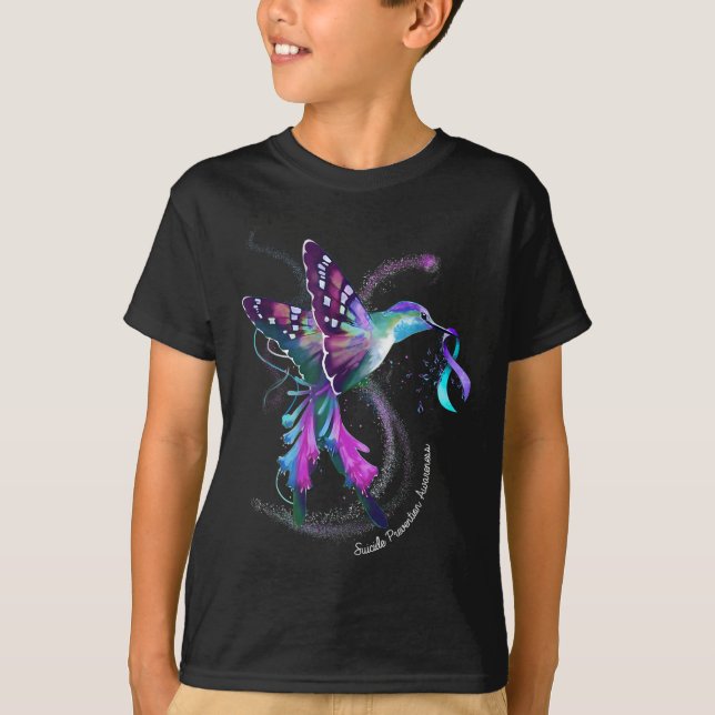 Hummingbird Purple Ribbon Suicide Prevention Aware T-Shirt (Front)