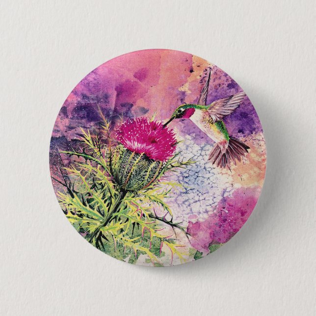 Hummingbird Purple Thistle Art Print Button (Front)